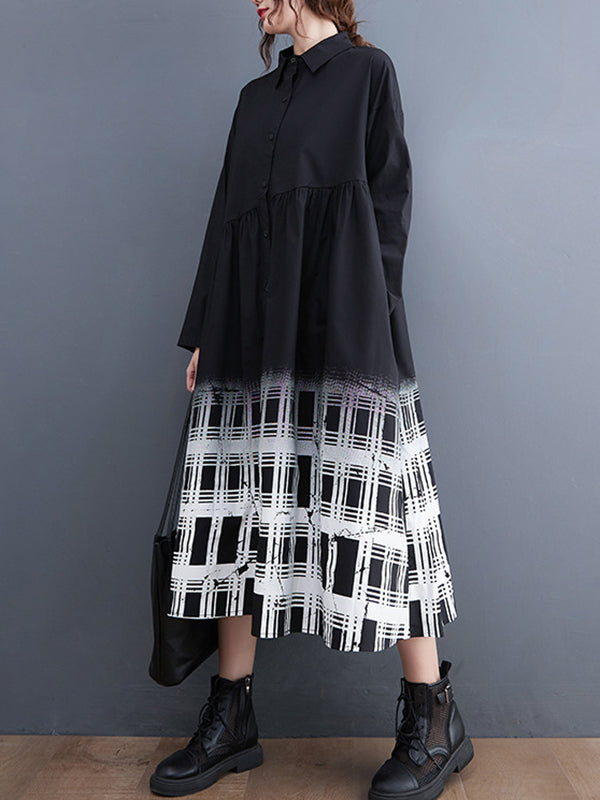 xakxx A-Line Long Sleeves Buttoned Gradient Plaid Lapel Midi Dresses