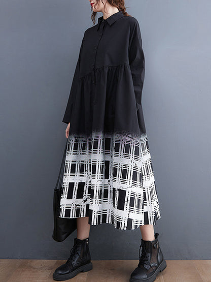 xakxx A-Line Long Sleeves Buttoned Gradient Plaid Lapel Midi Dresses