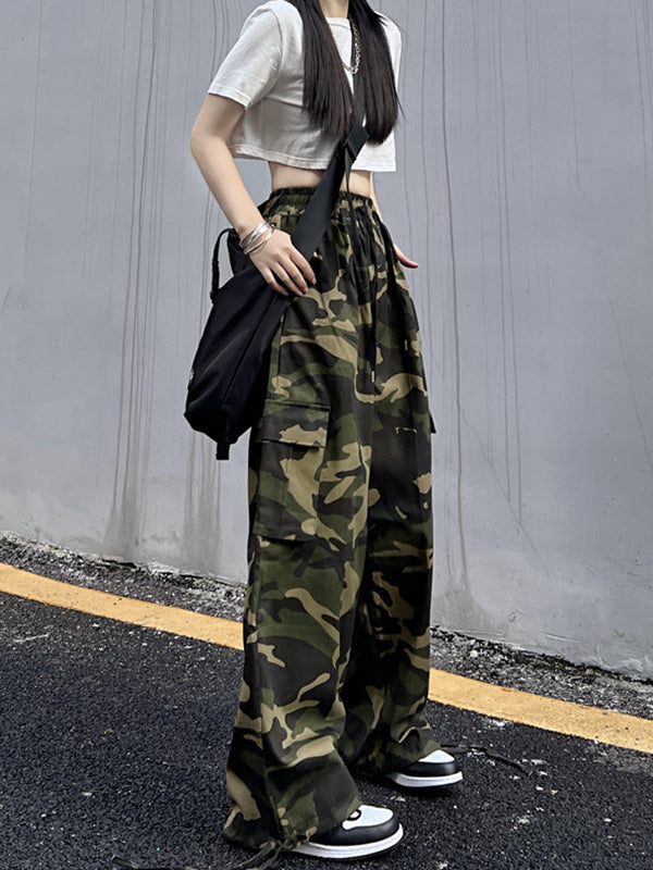 xakxx Hip-Hop Wide Leg Drawstring Camouflage  Pants