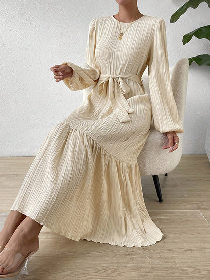 xakxx A-line Long Sleeves Elasticity Pleated Solid Color Split-Joint Tied Waist Round-neck Midi Dresses