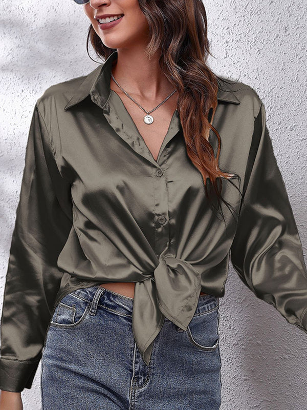 xakxx Long Sleeves Loose Solid Color Lapel Blouses&Shirts Tops