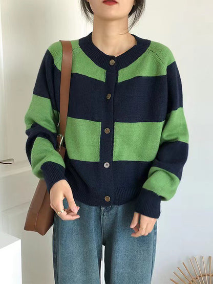 xakxx Casual Buttoned Contrast Color Striped Cardigan Tops