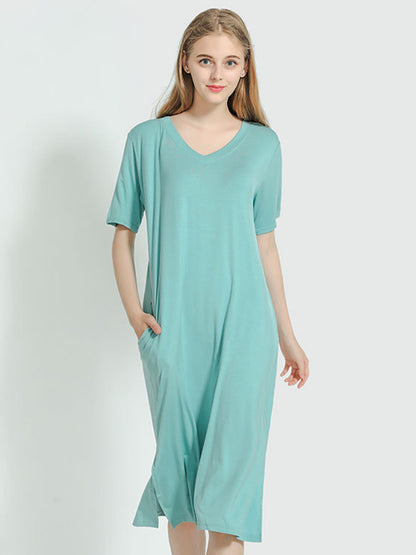 xakxx Simple Short Sleeves Loose Split-Side Solid Color V-Neck Pajamas Dress