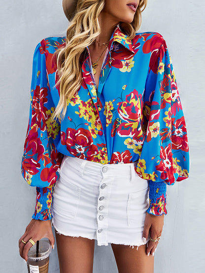 xakxx Long Sleeves Loose Buttoned Elasticity Flower Print Lapel Blouses&Shirts Tops