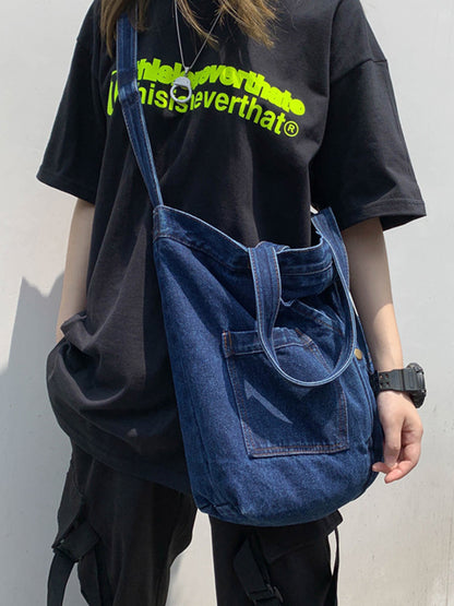 xakxx Casual Denim Split-Joint Solid Color Bags Accessories