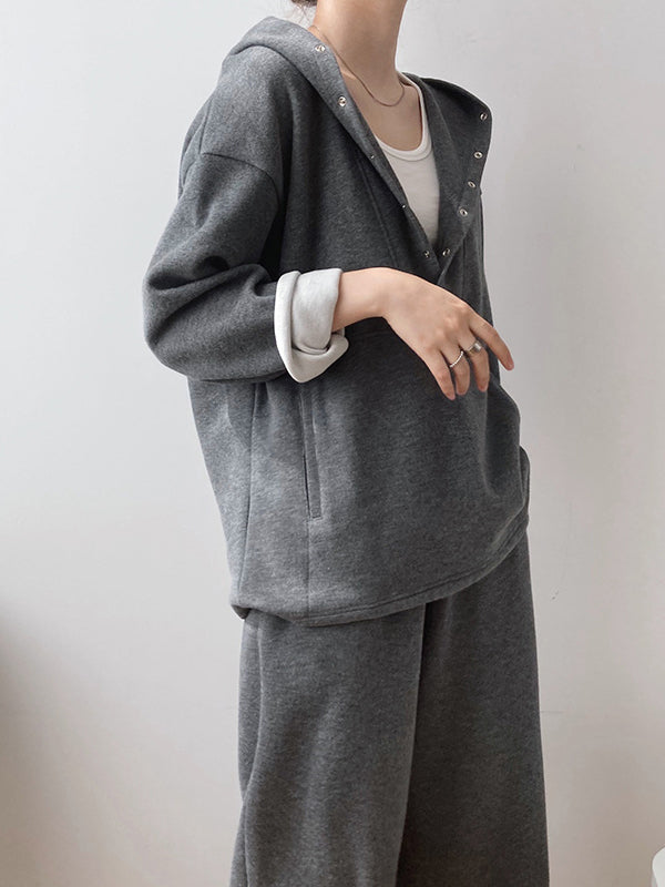 xakxx Loose Long Sleeves Split-Joint Hoodies + Elasticity Solid Color Pants Trousers Two Pieces Set