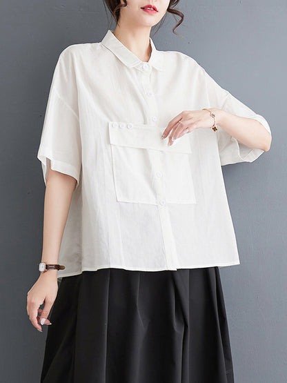 xakxx Loose Short Sleeves Solid Color Split-Joint Blouses