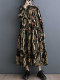 xakxx A-Line Long Sleeves Pleated Printed Split-Joint Round-Neck Midi Dresses