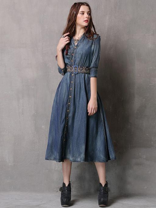 xakxx Vintage Embroidered Cropped Denim Dress