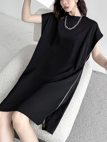 xakxx Loose Short Sleeves Asymmetric Zipper Round-Neck Dresses Midi Dresses