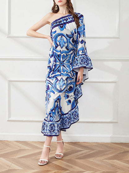 xakxx Batwing Sleeves Loose Asymmetric Falbala Floral Printed One-shoulder Midi Dresses