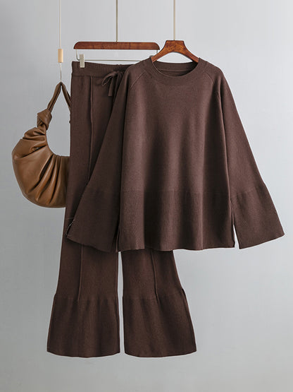 xakxx Casual Long Sleeves Loose Solid Color Round-Neck Sweater Tops & Wide Leg Pants Two Pieces Set