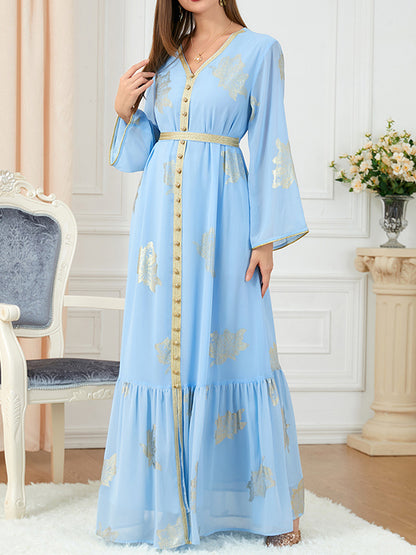 xakxx Long Sleeves Loose Pleated Printed Split-Front Split-Joint Tied Waist V-Neck Maxi Dresses