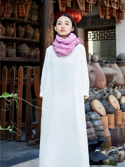 xakxx Soft White Long Sleeves Ramie Cotton Long Dress