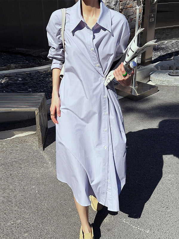 xakxx Long Sleeves Loose Asymmetric Solid Color Lapel Shirt Dress