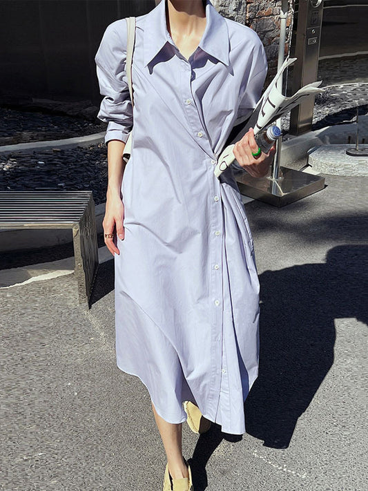 xakxx Long Sleeves Loose Asymmetric Solid Color Lapel Shirt Dress