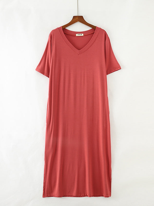 xakxx Simple Short Sleeves Loose Split-Side Solid Color V-Neck Pajamas Dress