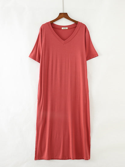 xakxx Simple Short Sleeves Loose Split-Side Solid Color V-Neck Pajamas Dress