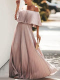 xakxx Loose Pleated Solid Color Off-The-Shoulder Maxi Dresses