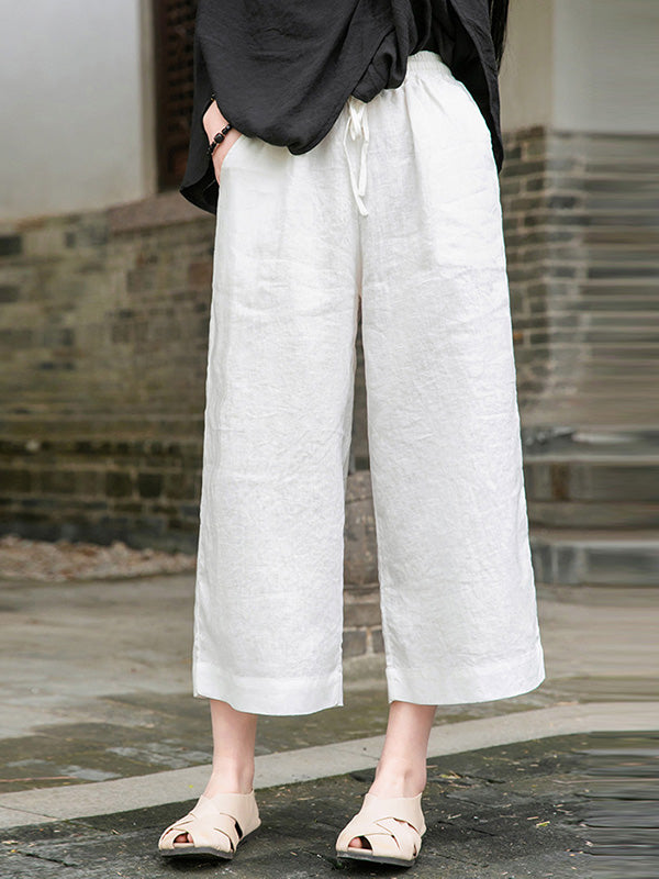 xakxx Simple Linen Column Elasticity Waist Pants