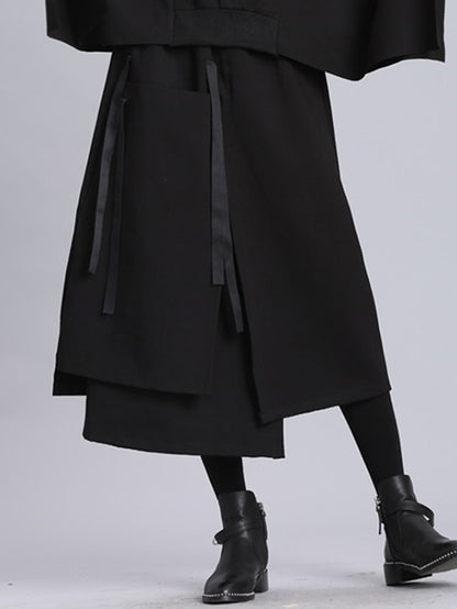 xakxx Raised Bands Split-Joint Asymmetric Black Empire Skirt