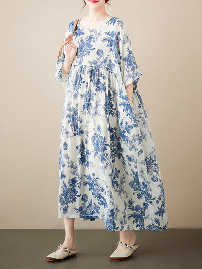 xakxx Loose Short Sleeves Floral Printed Pleated Split-Joint Round-Neck Midi Dresses