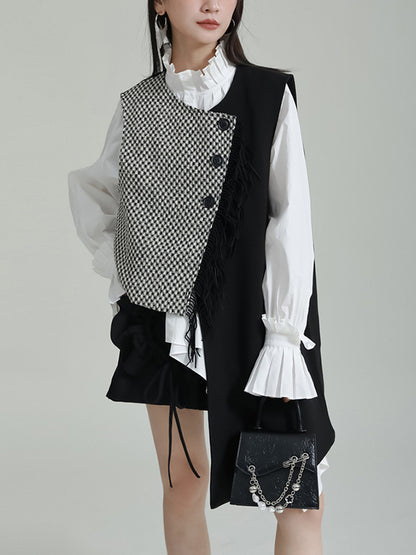 xakxx Ruffle Sleeves Sleeveless Asymmetric Buttoned Houndstooth Vest Outerwear