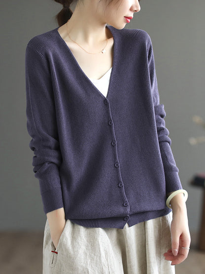 xakxx Long Sleeves Loose Solid Color V-Neck Cardigan Tops