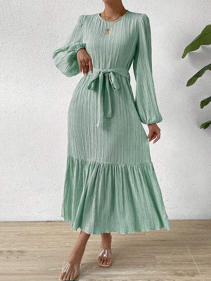 xakxx A-line Long Sleeves Elasticity Pleated Solid Color Split-Joint Tied Waist Round-neck Midi Dresses