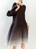 xakxx Original Long Sleeves Loose Pleated Gradient Round-Neck Midi Dresses
