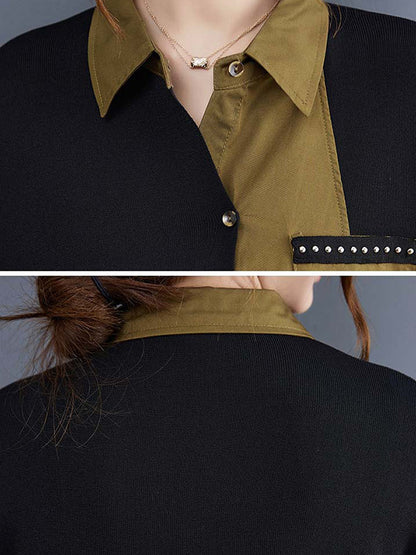 xakxx Artistic Retro Loose Split-Joint With Pocket Buttoned Lapel Collar Long Sleeves False Two Blouse