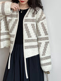 xakxx Long Sleeves Loose Contrast Color Printed Collarless Cardigan Tops