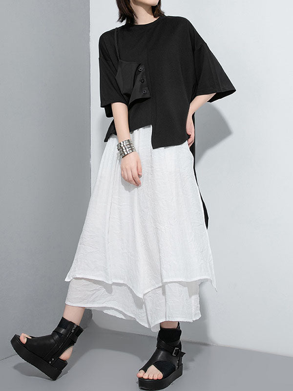 xakxx Loose Wide Leg Elasticity Solid Color Split-Joint Ninth Pants