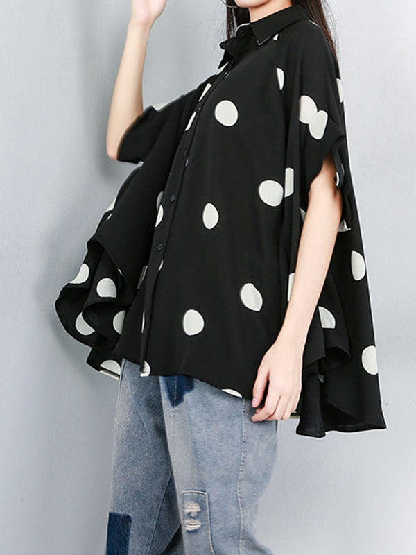 xakxx Batwing Sleeves High-Low Polka-Dot Lapel Blouses&Shirts Tops