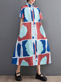 xakxx Loose Short Sleeves Cartoon Printed Multi-Colored Lapel Midi Dresses Shirt Dress