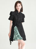 xakxx Vintage Contrast Color Applique Embroidered Short Cheongsams Mini Dress