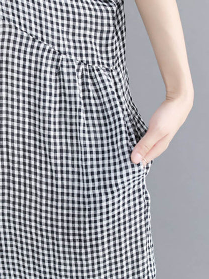 xakxx Artistic Retro Loose Split-Joint Plaid Buttoned Stand Collar Half Sleeves Midi Dress