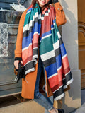 xakxx Contrast Color Fringed Keep Warm Multi-Colored Striped Shawl&Scarf