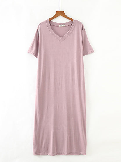 xakxx Simple Short Sleeves Loose Split-Side Solid Color V-Neck Pajamas Dress