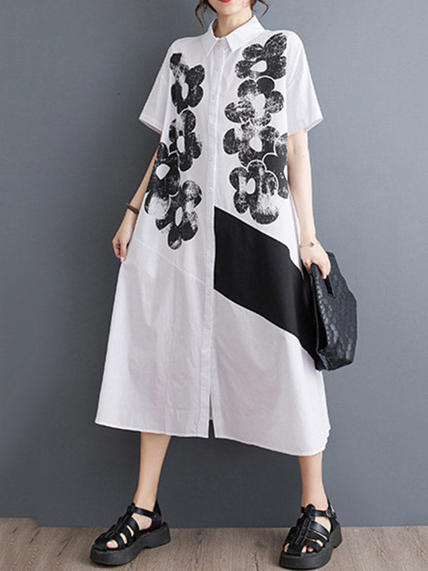 xakxx A-Line Loose Asymmetric Buttoned Flower Print Lapel Midi Dresses Shirt Dress