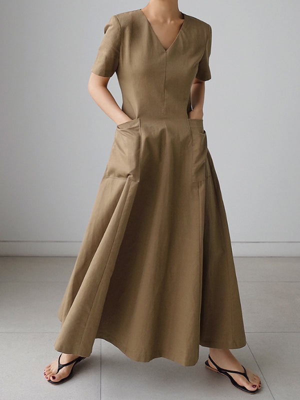 xakxx Simple Casual Solid Color Pleated Midi Dress