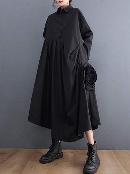 xakxx Urban Floral Applique Pleated Long Sleeves Shirt Dress Midi Dress