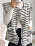 xakxx Loose Sleeveless Buttoned Fringed Pockets Striped V-Neck Vest Outerwear