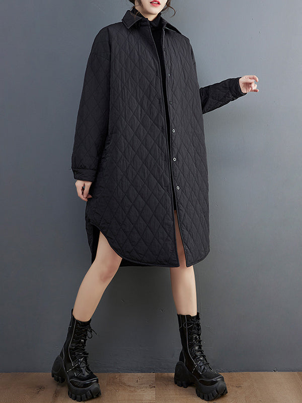 xakxx Simple Loose Rhombic Belted Solid Color Lapel Padded Coat