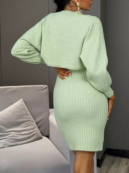 xakxx Long Sleeves Solid Color Round-Neck Sweater Top + Inner Dress Two Pieces Set