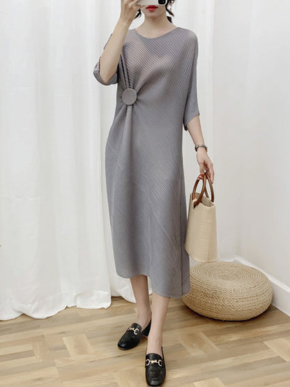 xakxx Half Sleeves Irregular Clipping Pleated Solid Color Round-Neck Midi Dresses