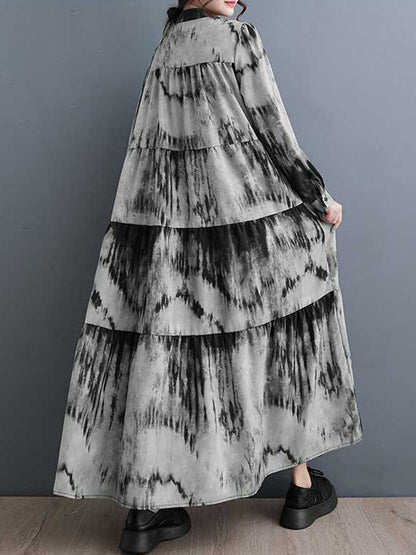 xakxx A-Line Long Sleeves Pleated Printed Split-Joint Stand Collar Midi Dresses