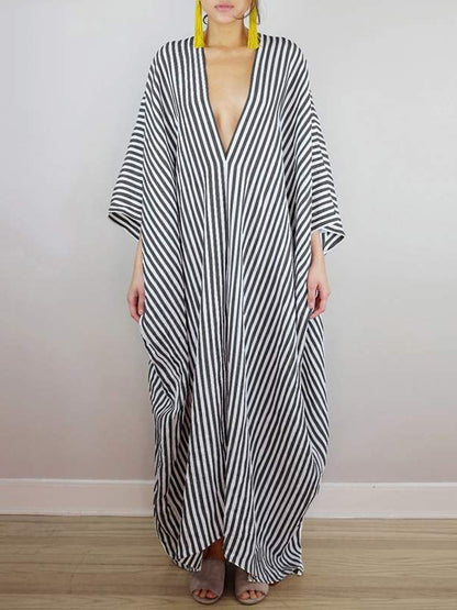 xakxx Batwing Sleeves Loose Striped V-Back Deep V-Neck Maxi Dresses