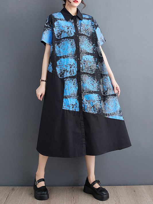 xakxx Loose Short Sleeves Abstract Printed Lapel Midi Dresses Shirt Dress