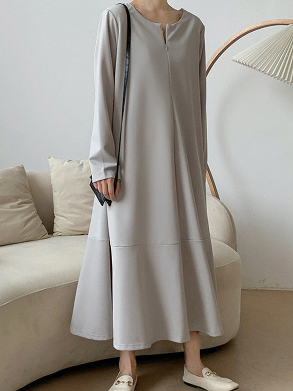 xakxx A-Line Long Sleeves Hollow Solid Color V-Neck Midi Dresses